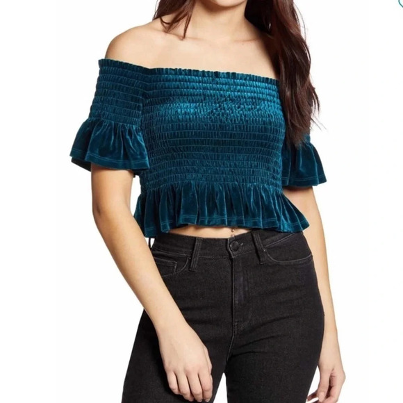 BP Velvet Off The Shoulder Ruffle Crop Top Velour - Picture 1 of 7